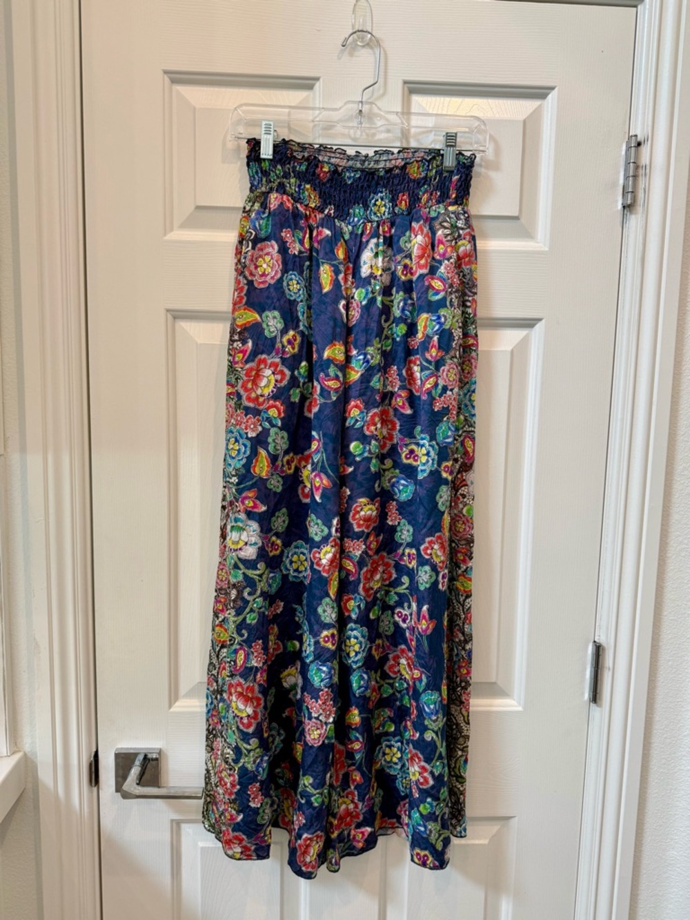 Johnny Was Navy Floral Smocked Wide Leg Pants with Multicolor Blooms